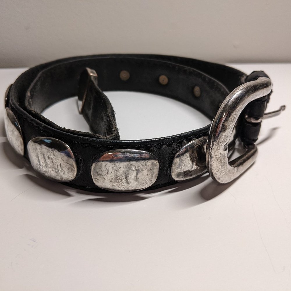 Vintage conch belt - Silver & black leather